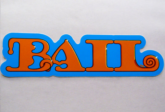 A single sticker from the BAIL clothing brand's sticker pack. Stylised orange text with the brand logo "BAIL" with playful, curvy letters on a light blue background. The design has a whimsical, vibrant feel.