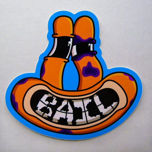 A singular sticker from a sticker pack of BAIL clothing. Cartoonish sticker showing an orange frog with long wobbly eyes, purple bruises scattering the face and making a black eye, and a wide mouth smiling to reveal the word "BAIL" on its teeth, set against a blue outline.