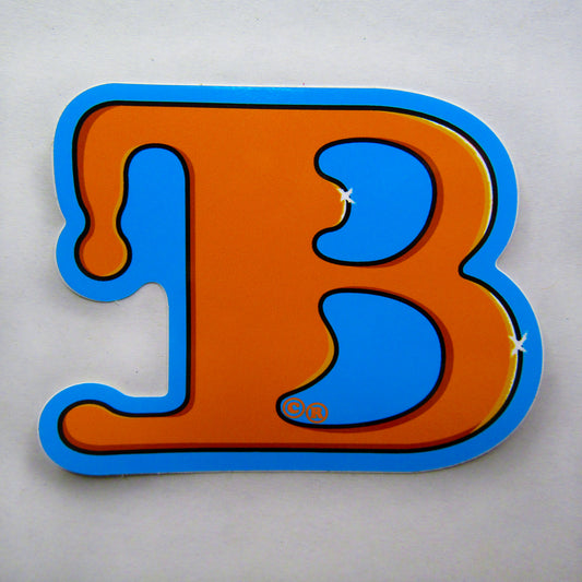 A singular sticker from the skateboarding brand 'BAIL'. Bold, stylised letter "B" in bright orange, outlined in light blue, resembling drippy paint. White strokes glisten from the curves of the font style. The design feels playful and vibrant.