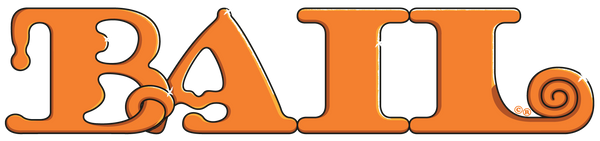 Orange 'BAIL' logo for the streetwear clothing brand on a white background with soft shadows and bright highlights. The font is bubbly and has curls on the letters.