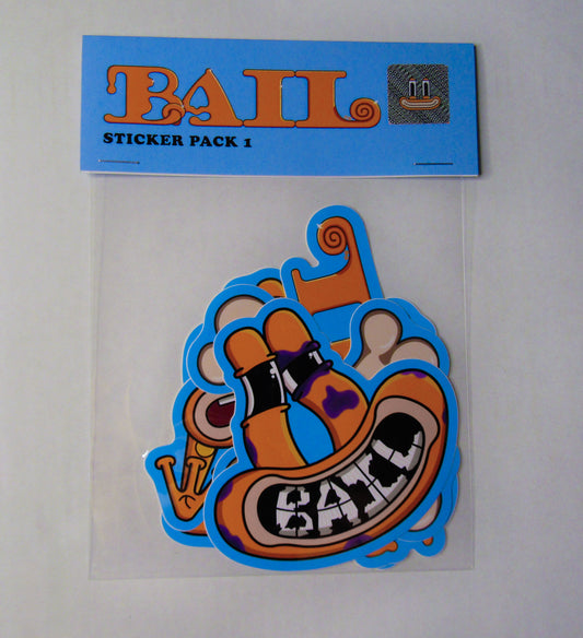 The front of a sticker pack titled "BAIL" as part of BAIL clothing's first drop. The background is light blue and features a shiny authentication sticker repeatedly reading "BAIL CLOTHING QUALITY GUARANTEE" over an orange frog's smiling face. The multiple stickers feature colourful, cartoon-like graphics of an orange frog creature and white bones, with playful, vibrant tones.
